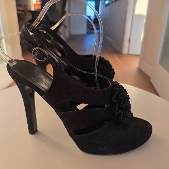 Black lace motif & rosette stiletto heels dressy leather shoes - Picture 7 of 9